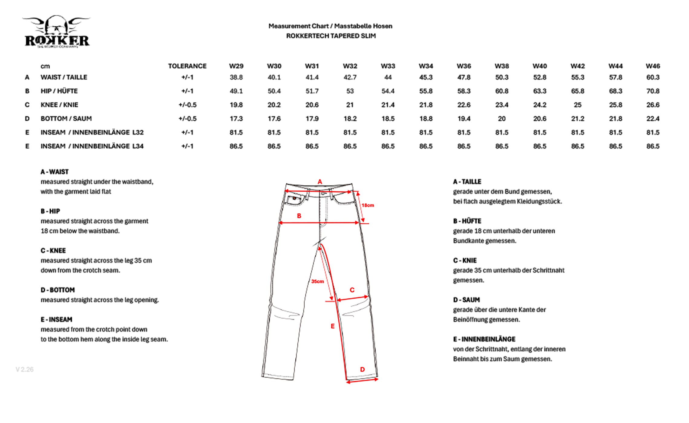 Rokkertech Tapered Slim Light Blue Size Chart