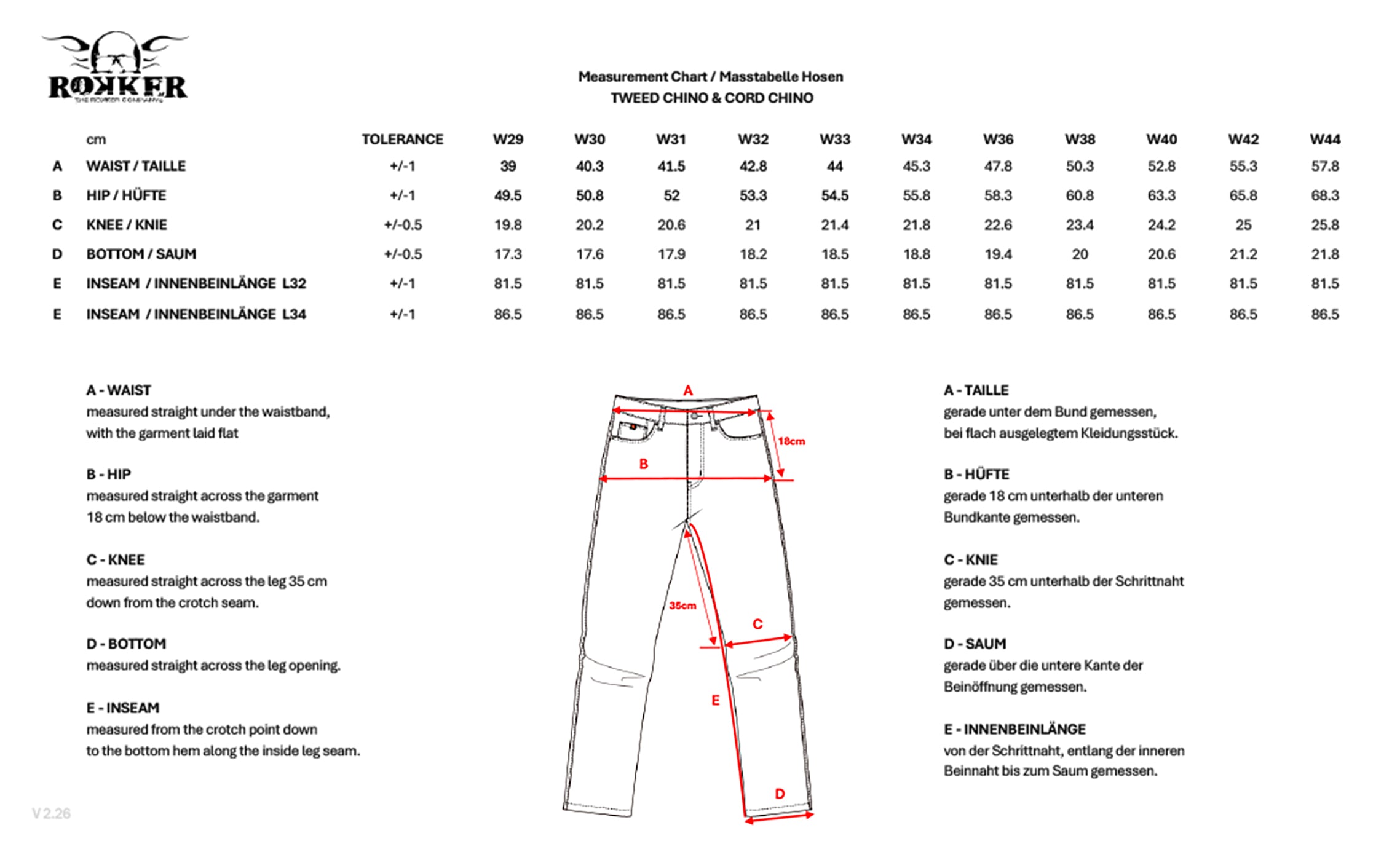 Tweed Chino Grey Size Chart