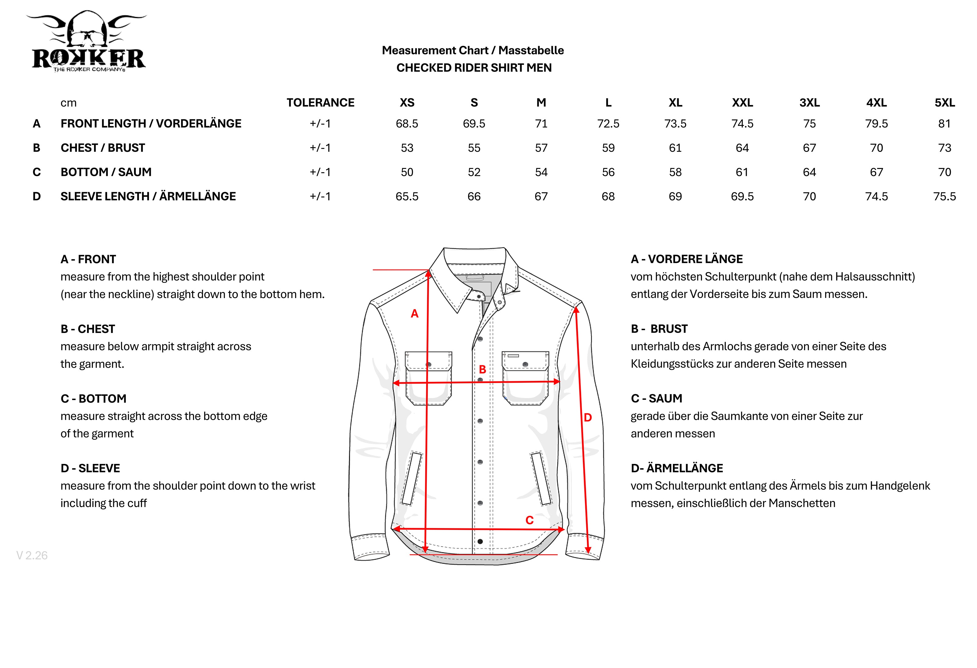 Memphis Rider Shirt Red / Grey Size Chart